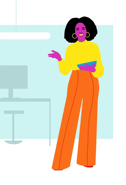 Woman in orange pants and yellow top holding a tablet illustration by Andreas Schickert