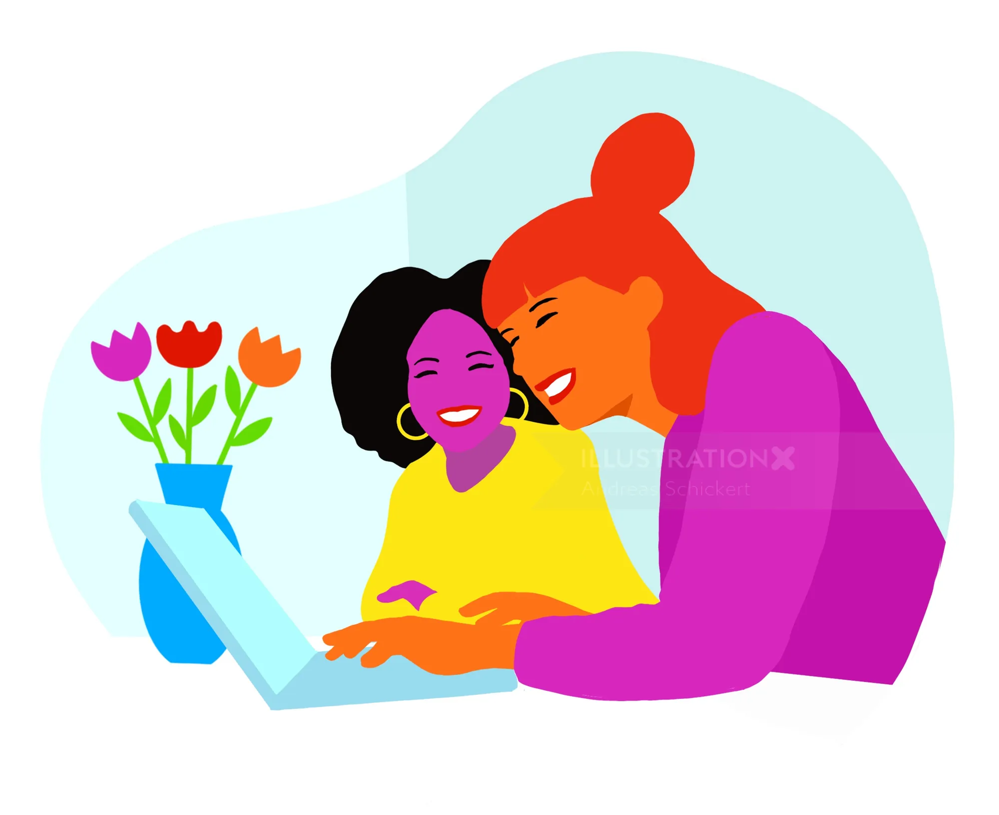 Mother and child smiling while using a laptop, illustrated by Andreas Schickert