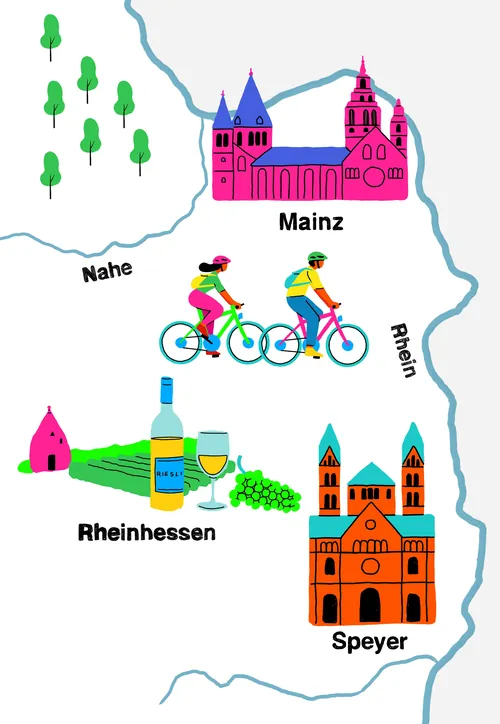 Map showing Mainz, Speyer, cyclists, and wine in Rheinhessen