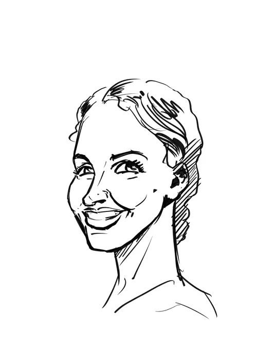 Sketch of a smiling woman looking over her shoulder