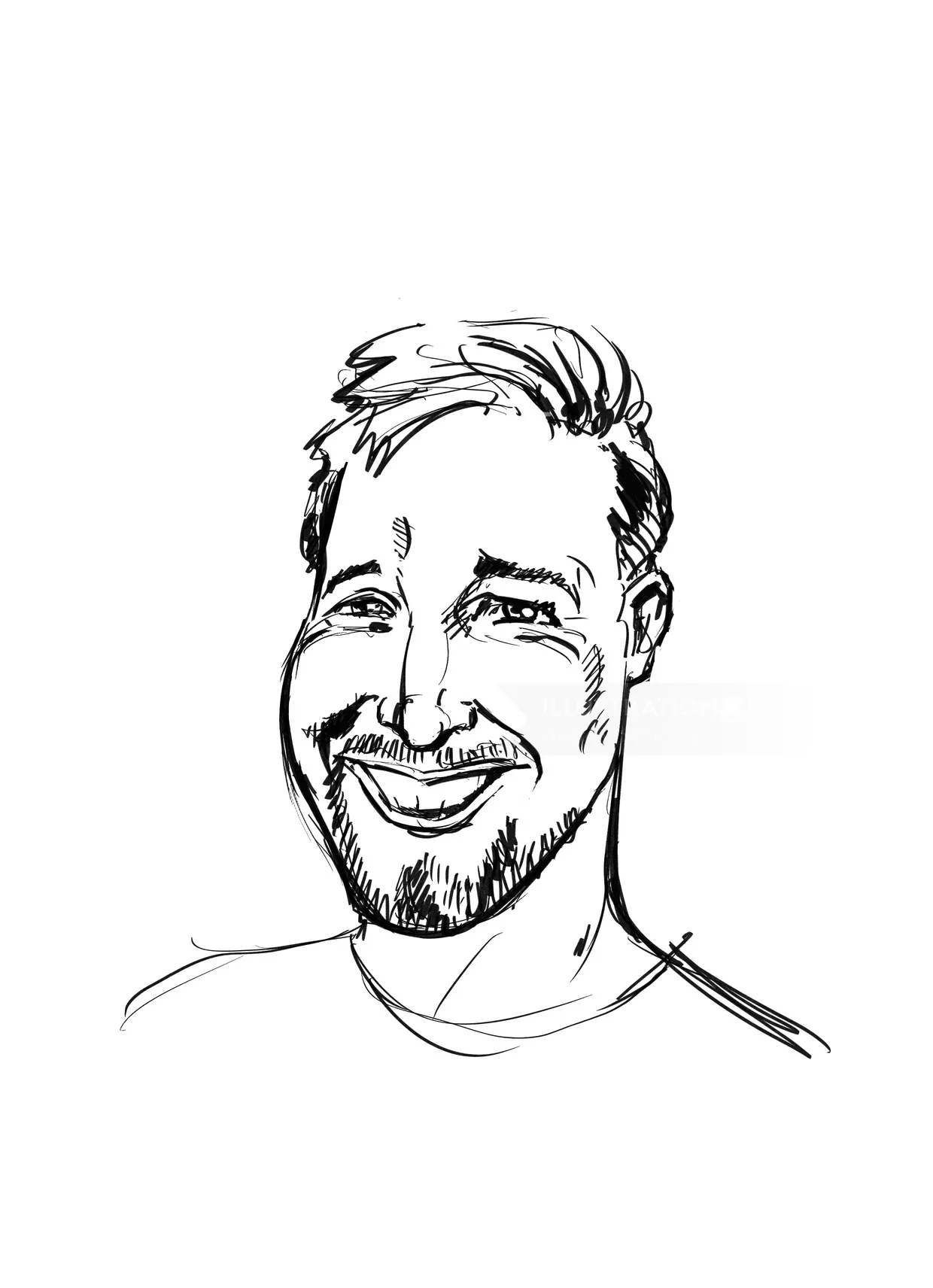Sketched portrait of smiling man with beard and short hair