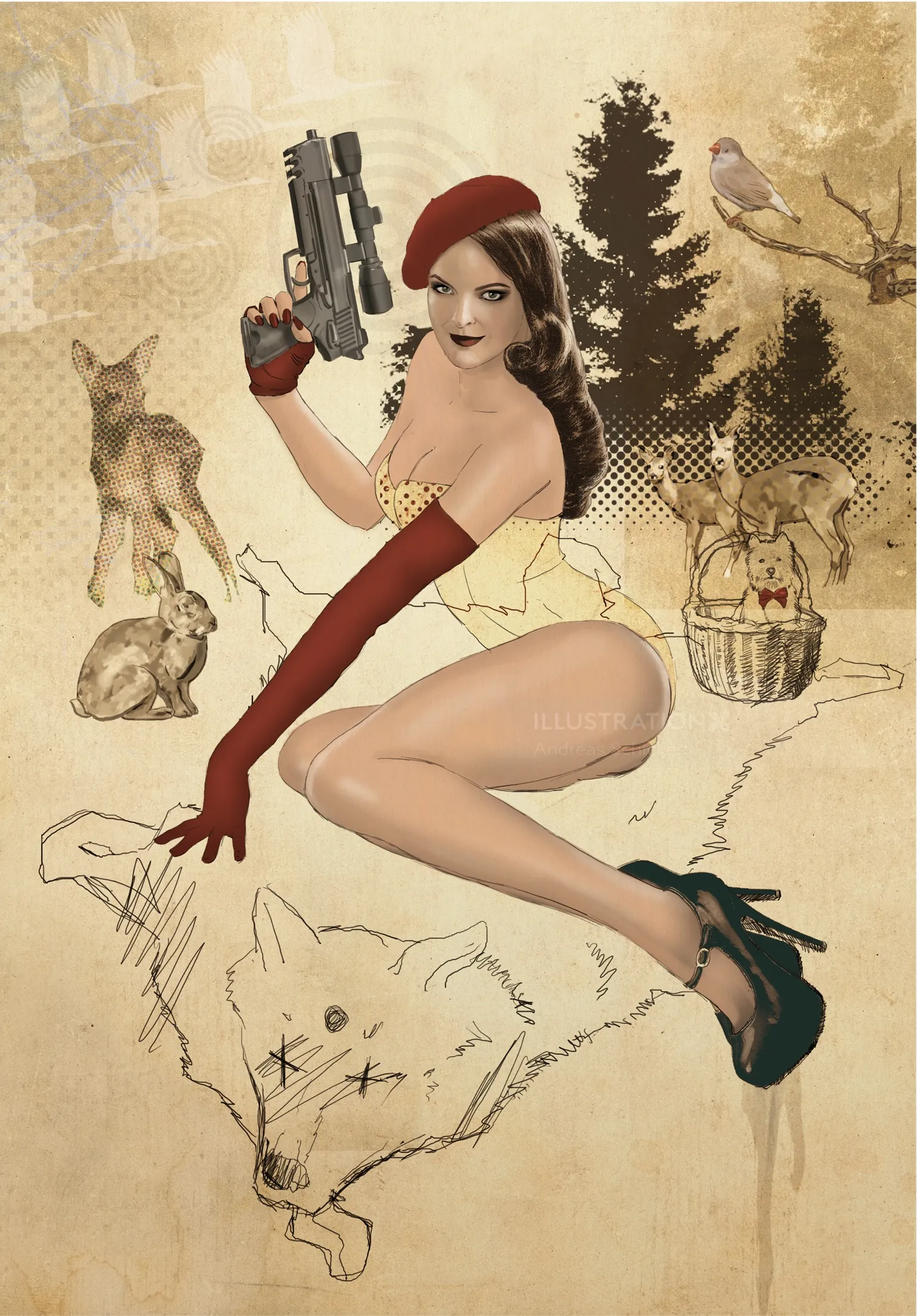 Pin-up woman in red gloves and beret holding gun with animal sketches by Andreas Schickert