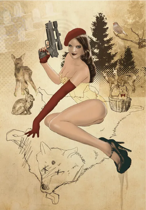 Pin-up woman in red gloves and beret holding gun with animal sketches by Andreas Schickert