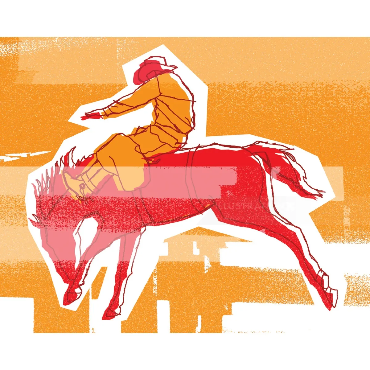 Stylized cowboy riding a bucking horse in warm colors by Andreas Schickert
