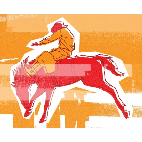 Stylized cowboy riding a bucking horse in warm colors by Andreas Schickert