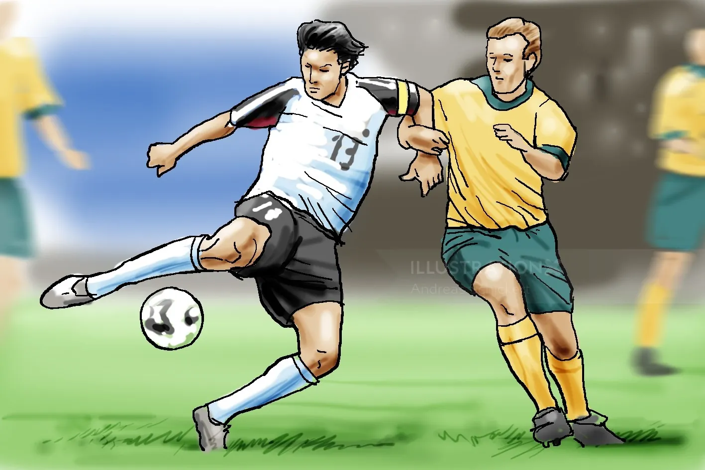 Soccer players competing for the ball during a match by Andreas Schickert