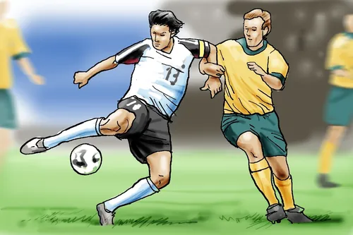 Soccer players competing for the ball during a match by Andreas Schickert