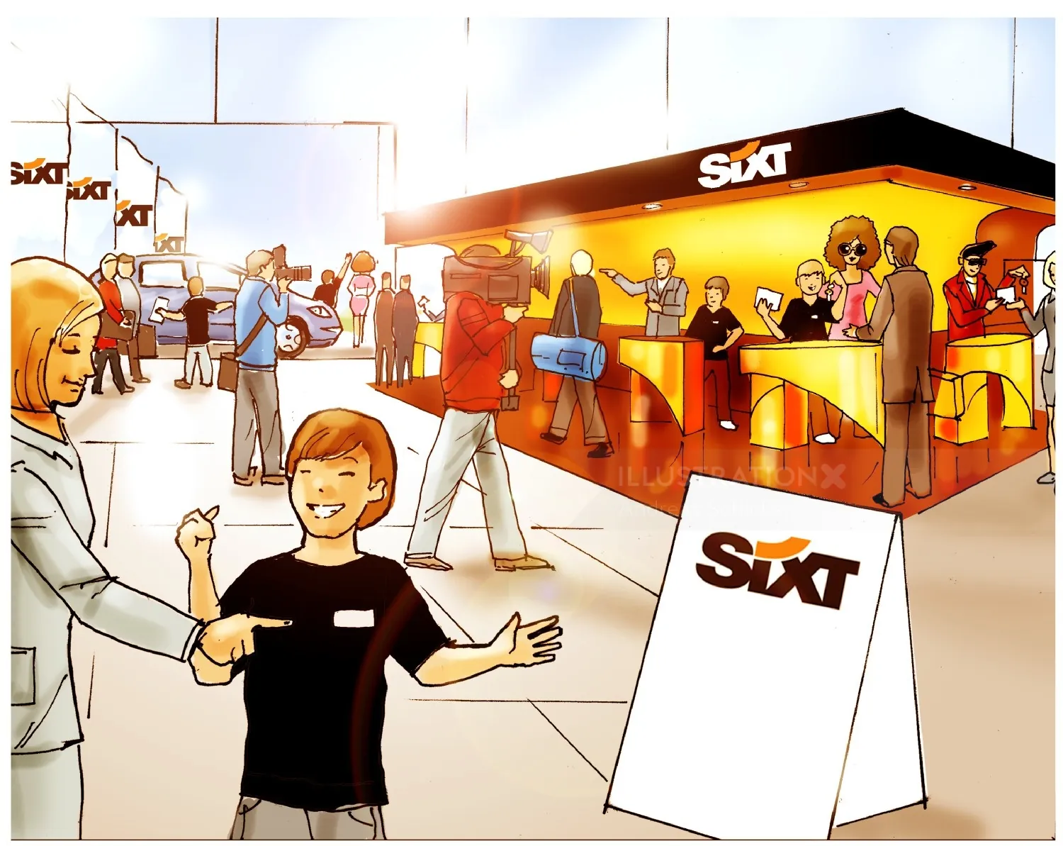 Busy Sixt car rental counter with customers and staff by Andreas Schickert