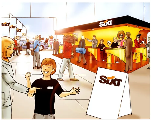 Busy Sixt car rental counter with customers and staff by Andreas Schickert