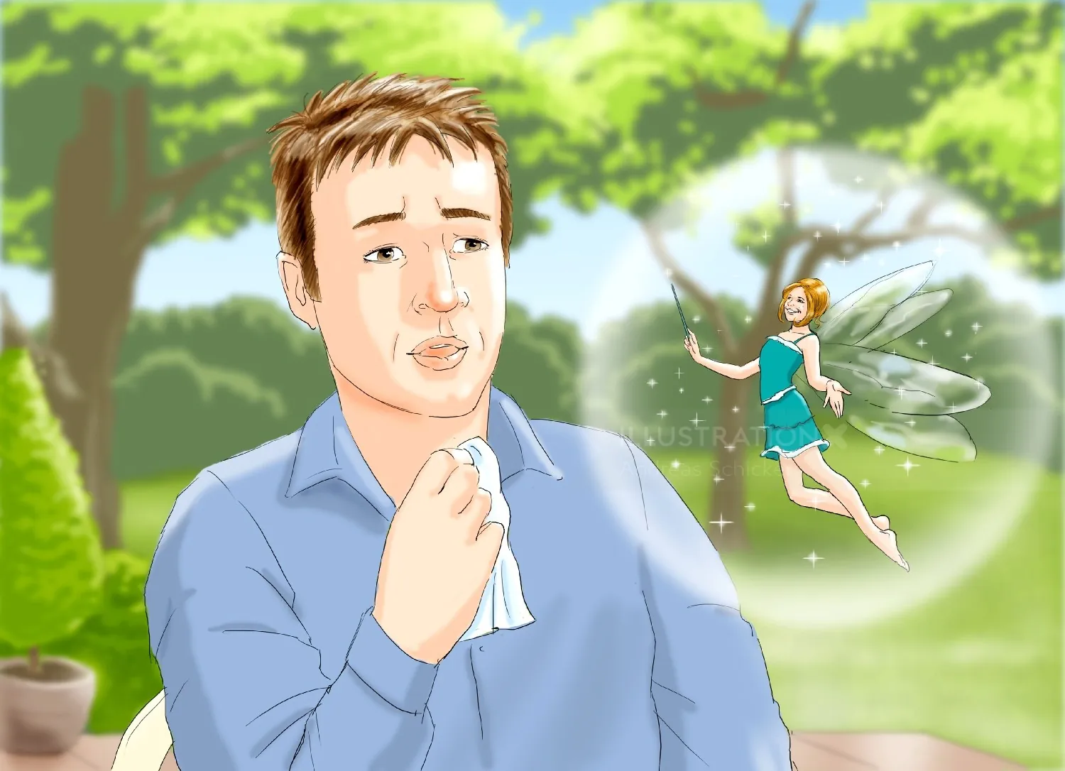 Man with thoughtful expression looking at a hovering fairy by Andreas Schickert