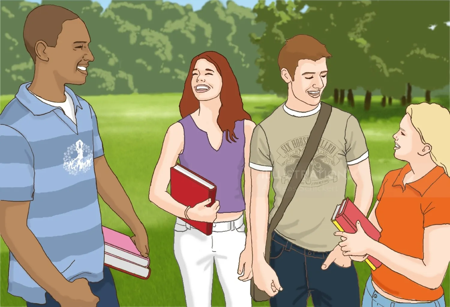 Four students smiling and talking outside, holding books by Andreas Schickert