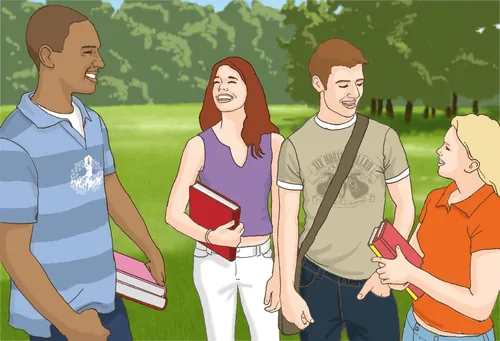 Four students smiling and talking outside, holding books by Andreas Schickert