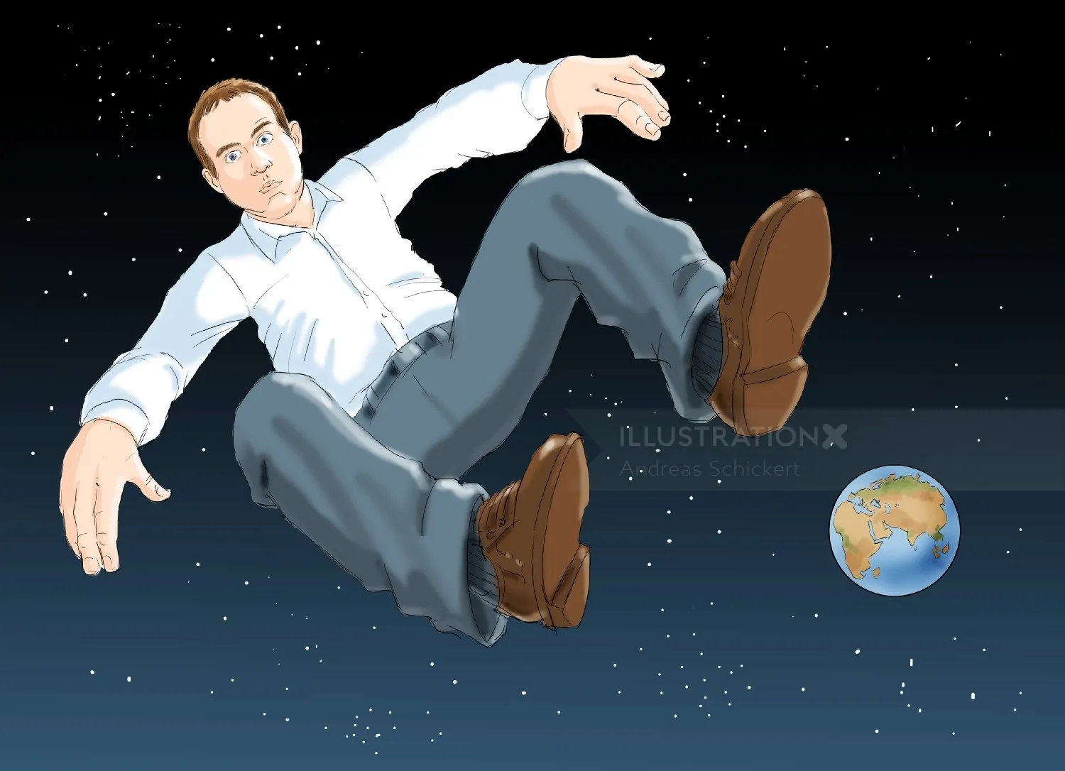 Man floating in space near Earth illustration by Andreas Schickert