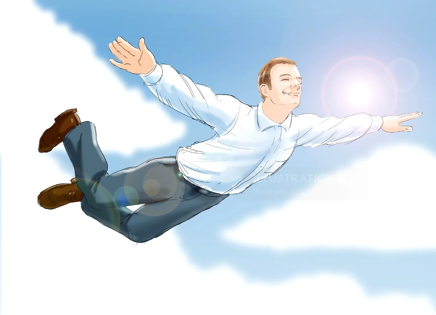 Illustration of a man flying against a bright blue sky by Andreas Schickert