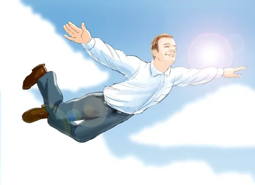 Illustration of a man flying against a bright blue sky by Andreas Schickert