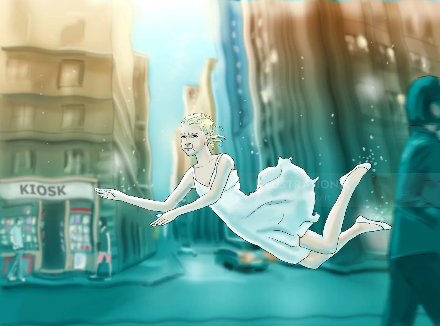 Woman floating above city street in white dress by Andreas Schickert