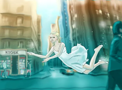 Woman floating above city street in white dress by Andreas Schickert