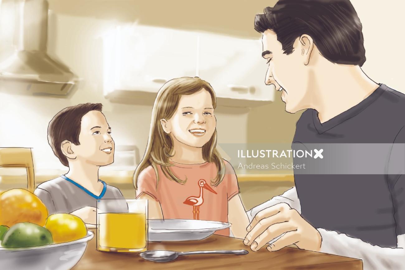ダイニングテーブルで父親の子供たち