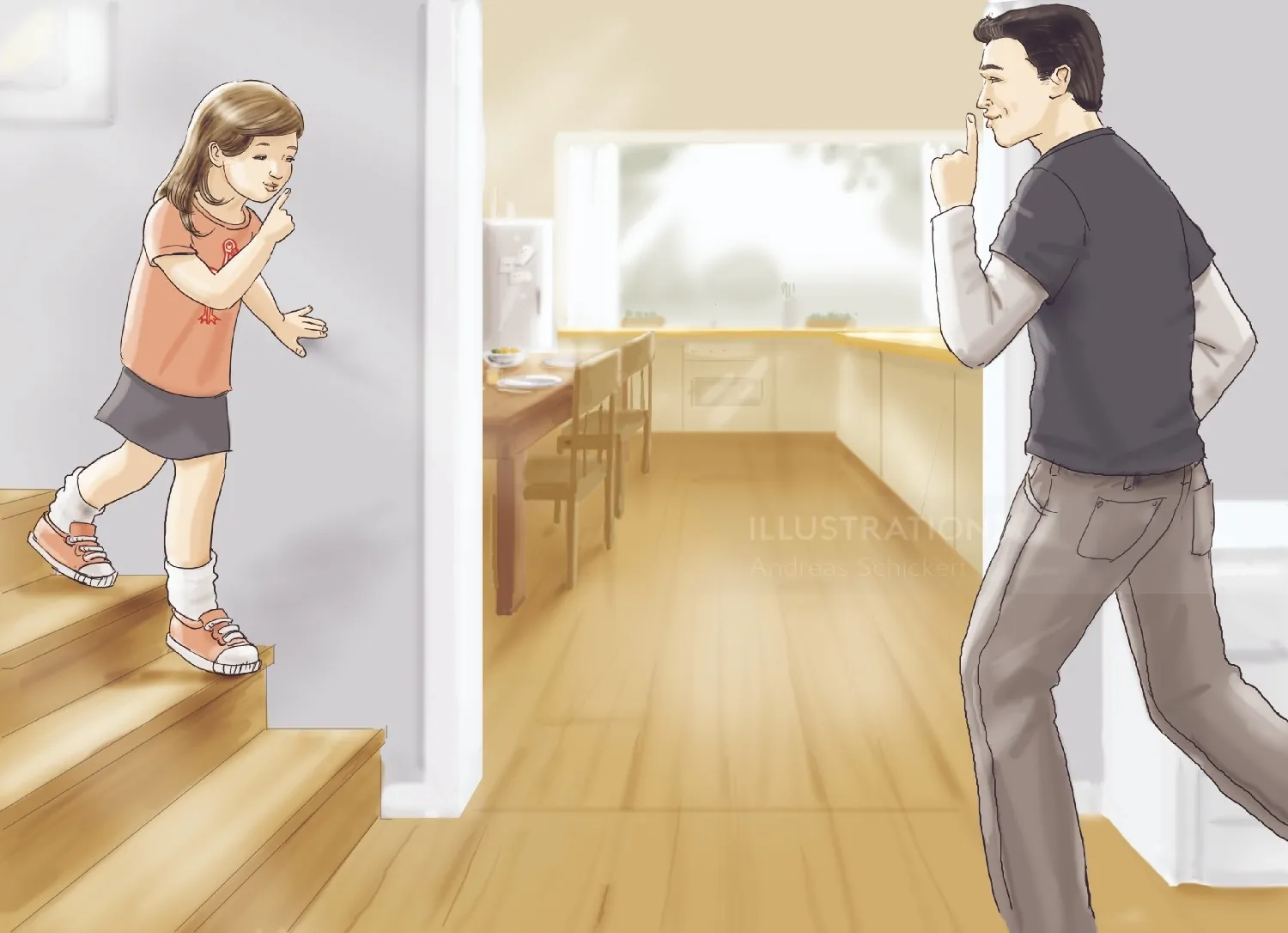 Girl descending stairs cautiously with father observing nearby illustration by Andreas Schickert