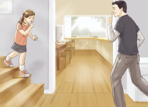 Girl descending stairs cautiously with father observing nearby illustration by Andreas Schickert
