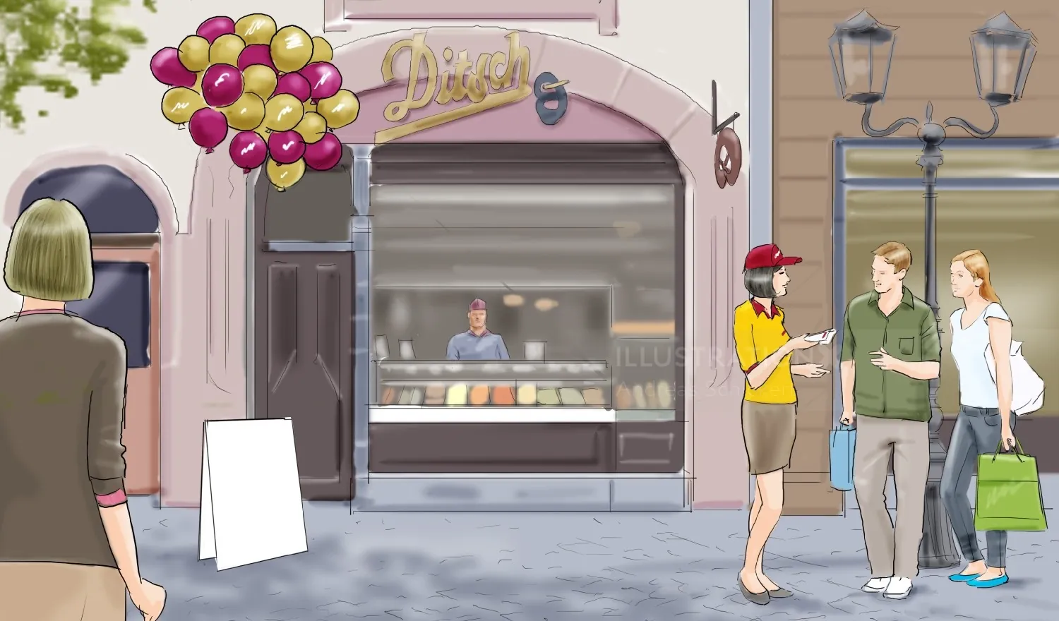 Street scene with bakery and people standing outside by Andreas Schickert