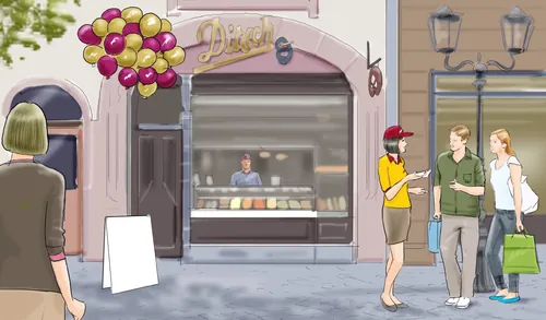 Street scene with bakery and people standing outside by Andreas Schickert