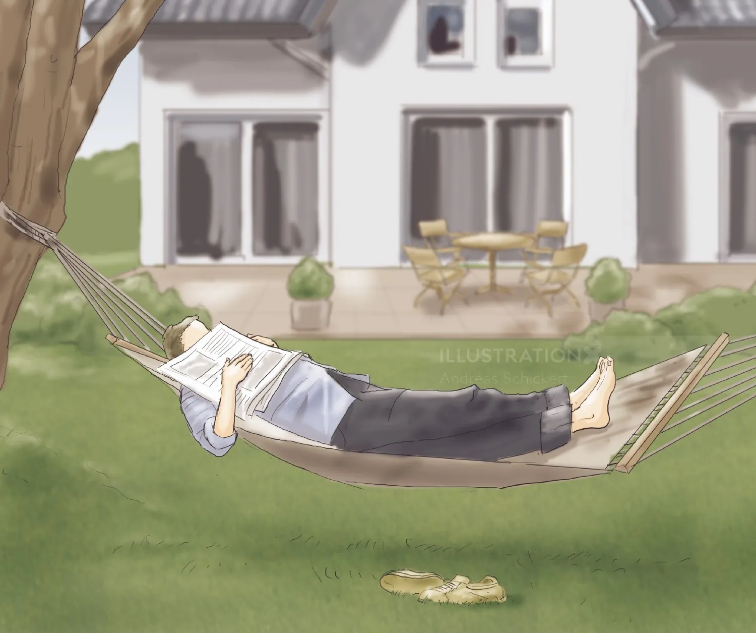 Person lying barefoot in hammock outside a house by Andreas Schickert