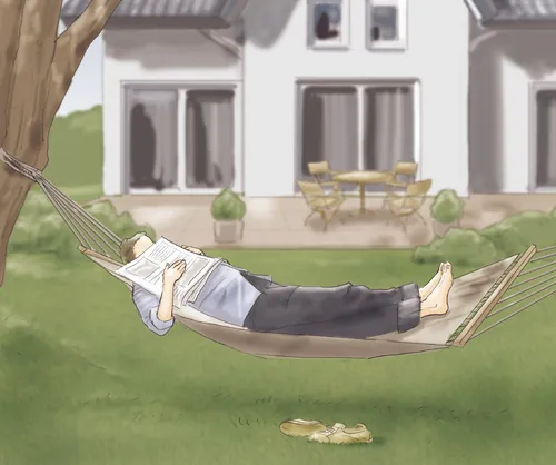 Person lying barefoot in hammock outside a house by Andreas Schickert