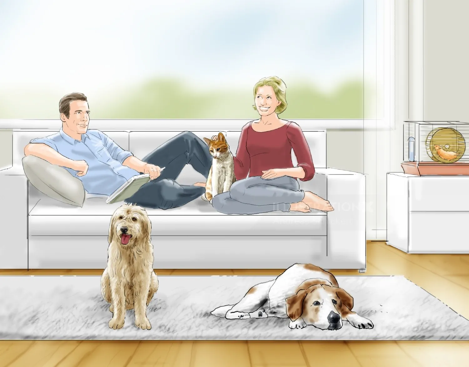 Couple sitting on sofa with two dogs in living room by Andreas Schickert