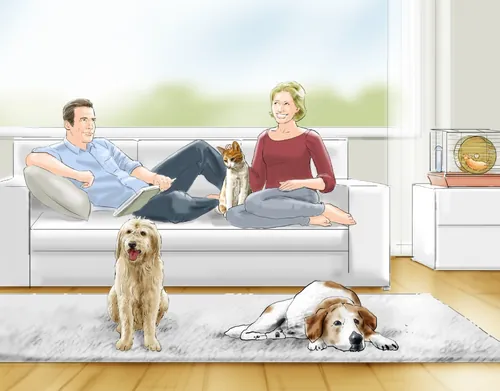 Couple sitting on sofa with two dogs in living room by Andreas Schickert