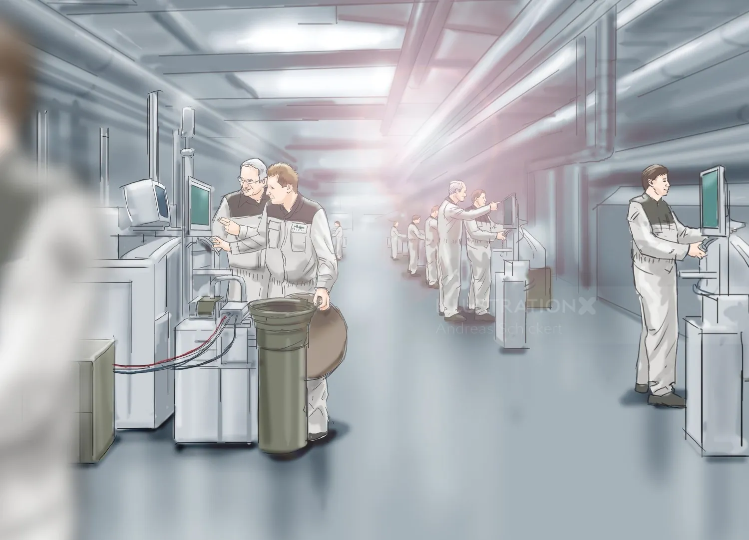 Workers operating machinery in a high-tech industrial facility by Andreas Schickert