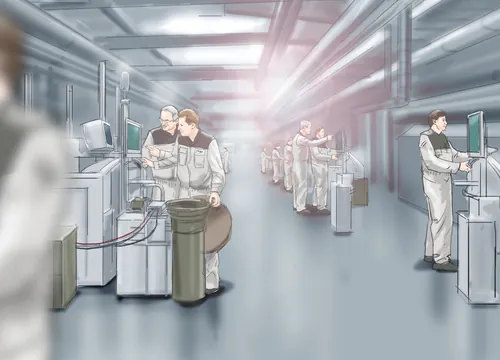 Workers operating machinery in a high-tech industrial facility by Andreas Schickert