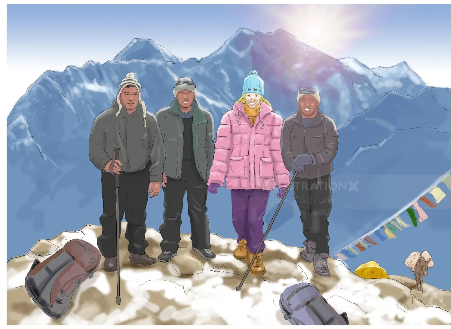 Four hikers in winter clothes on snowy mountain peak with prayer flags by Andreas Schickert