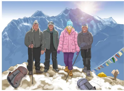 Four hikers in winter clothes on snowy mountain peak with prayer flags by Andreas Schickert