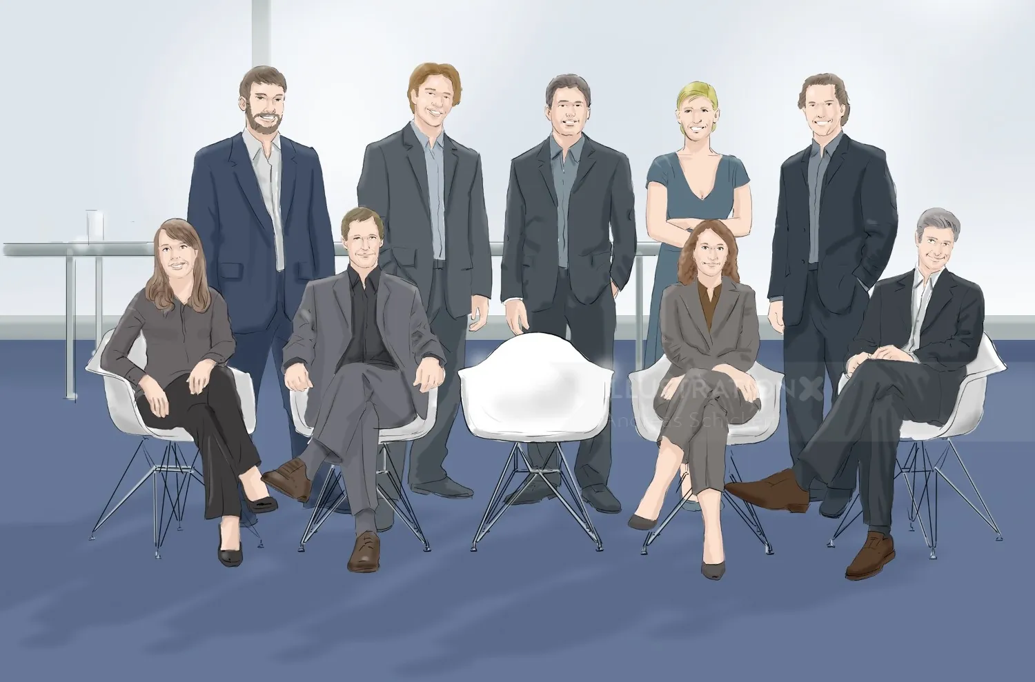 Nine professionally dressed people posing indoors with modern chairs by Andreas Schickert