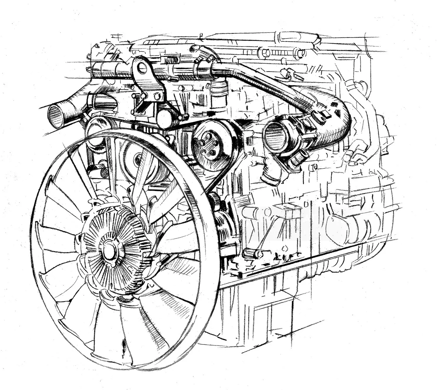 Technical drawing of a vintage car engine by Andreas Schickert