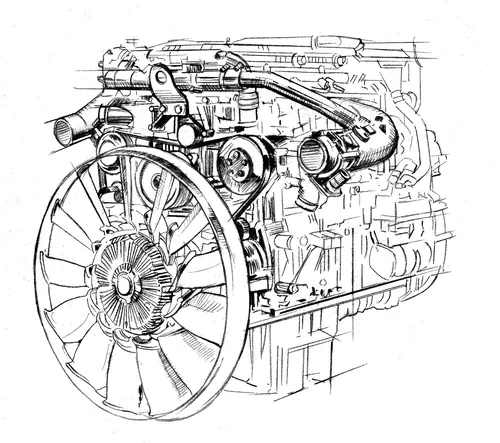 Technical drawing of a vintage car engine by Andreas Schickert