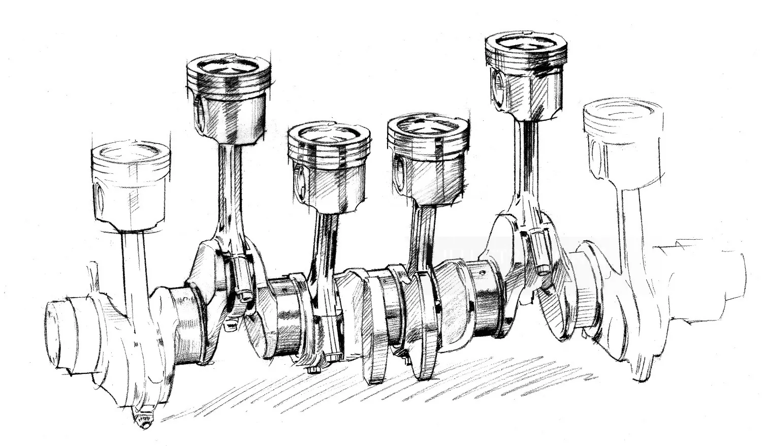 Technical sketch of crankshaft and pistons by Andreas Schickert