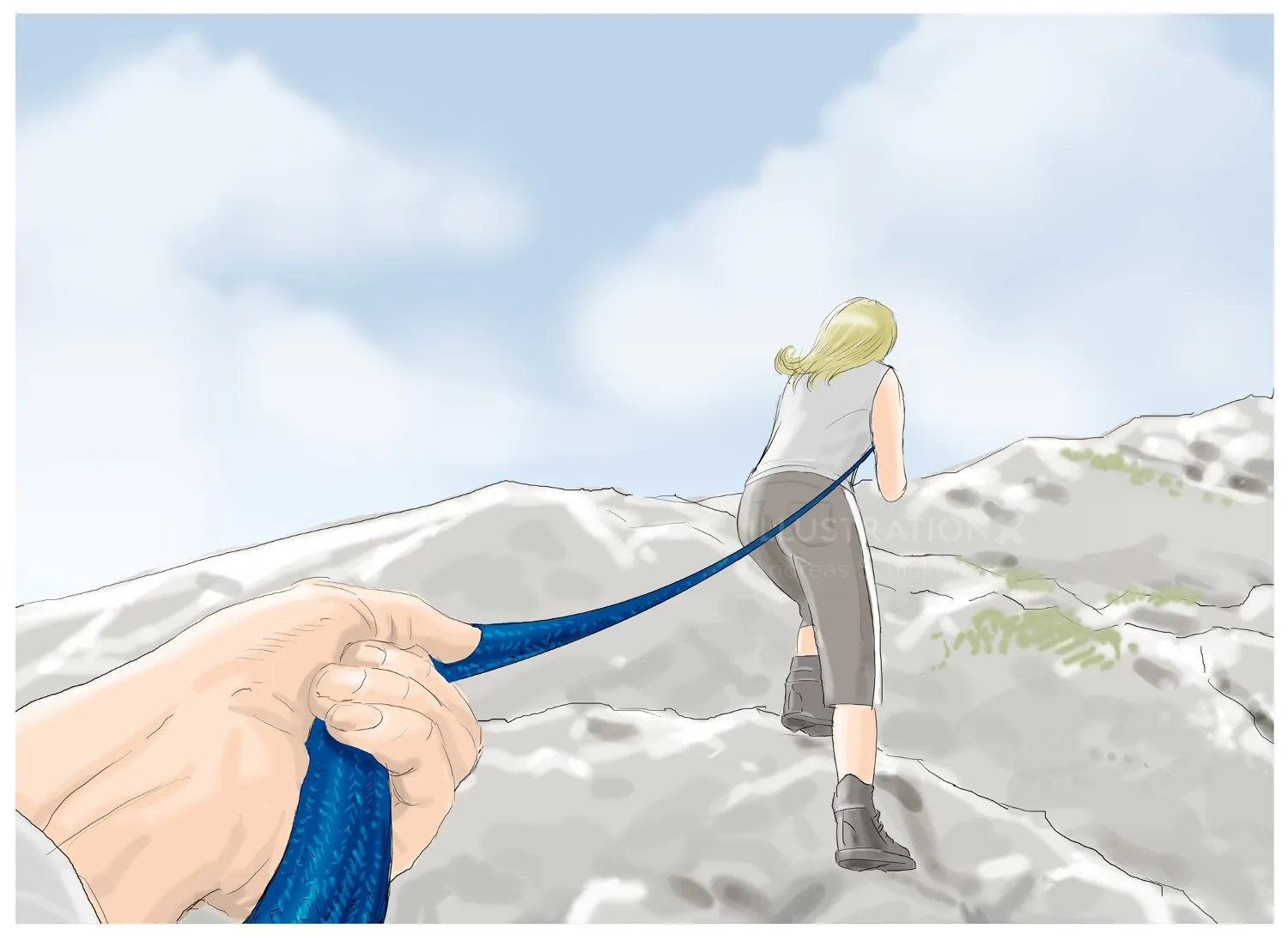 A woman hiking on rocks with a leash, artwork by Andreas Schickert