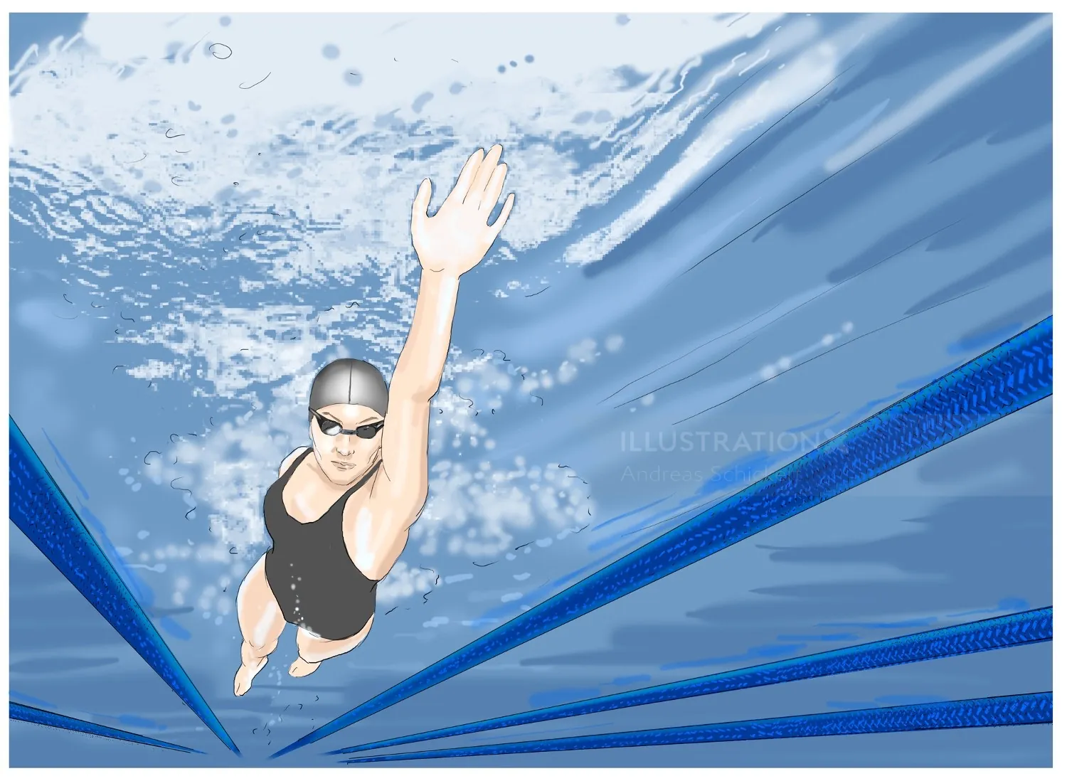 Underwater female swimmer in a black swimsuit and swim cap Andreas Schickert
