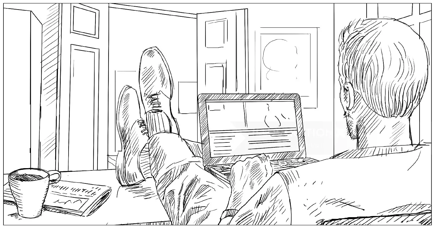 Sketch of man relaxing at desk with laptop and coffee cup by Andreas Schickert