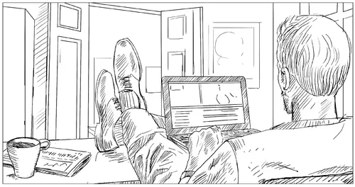 Sketch of man relaxing at desk with laptop and coffee cup by Andreas Schickert