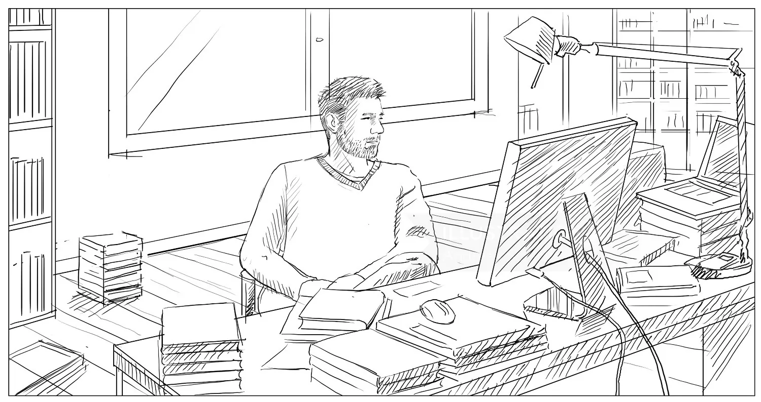 Sketch of man at desk working on computer by Andreas Schickert