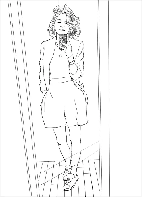 Line drawing of woman taking mirror selfie by Andreas Schickert