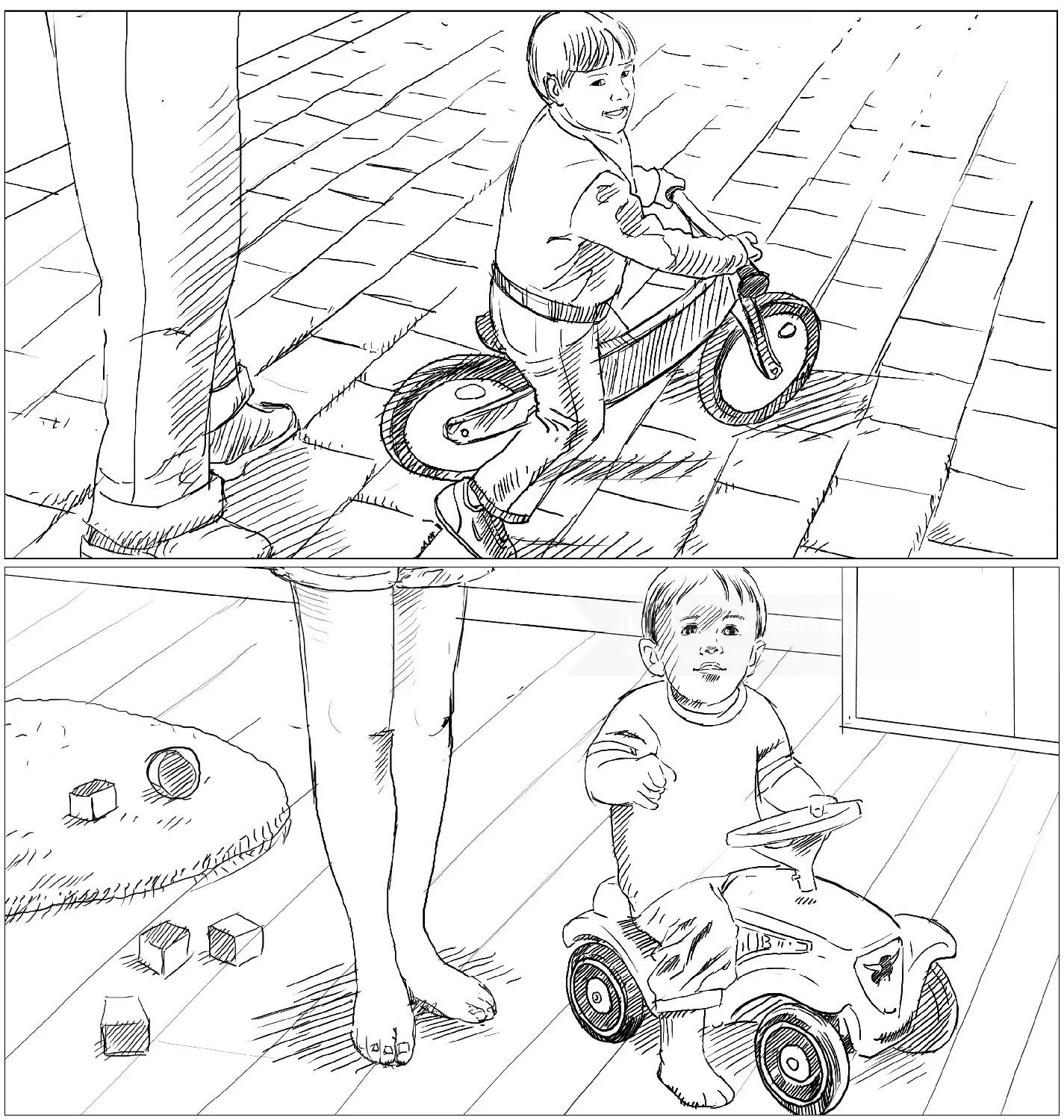 Sketch of child riding small bikes indoors by Andreas Schickert