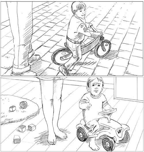 Sketch of child riding small bikes indoors by Andreas Schickert