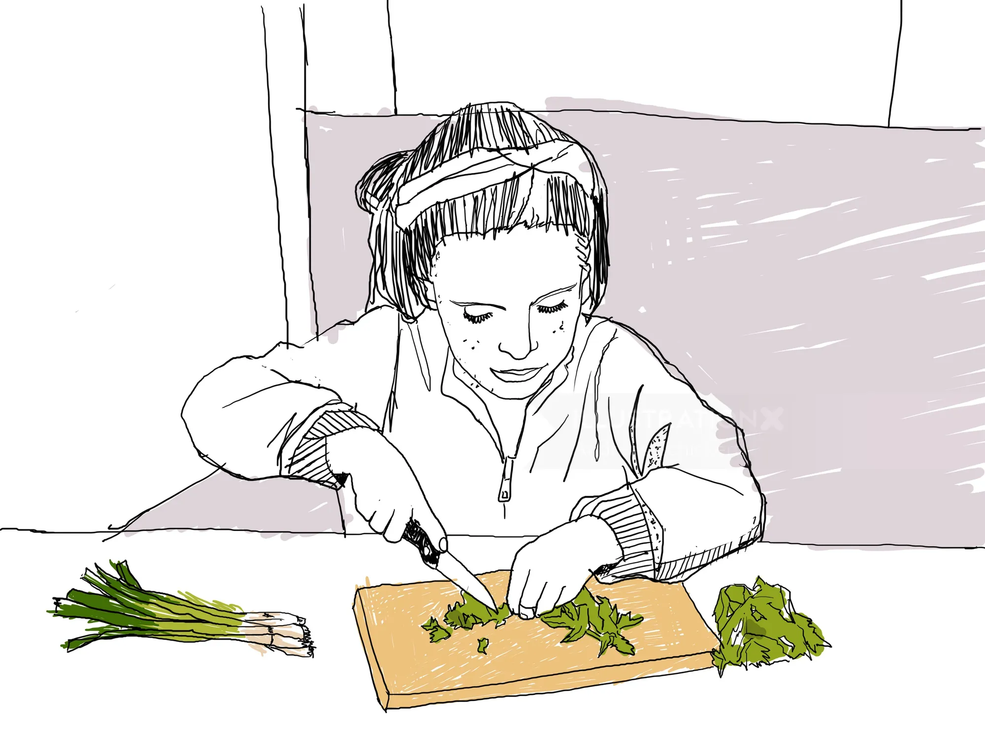 Child with headphones chopping herbs on cutting board by Andreas Schickert