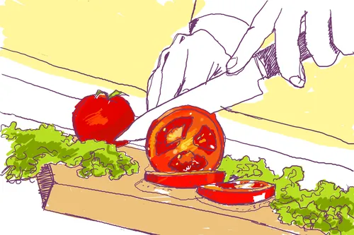 Hands slicing a tomato with lettuce on a cutting board by Andreas Schickert