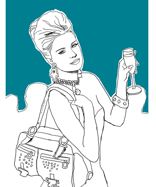 Line drawing of woman holding handbag and glass by Andreas Schickert