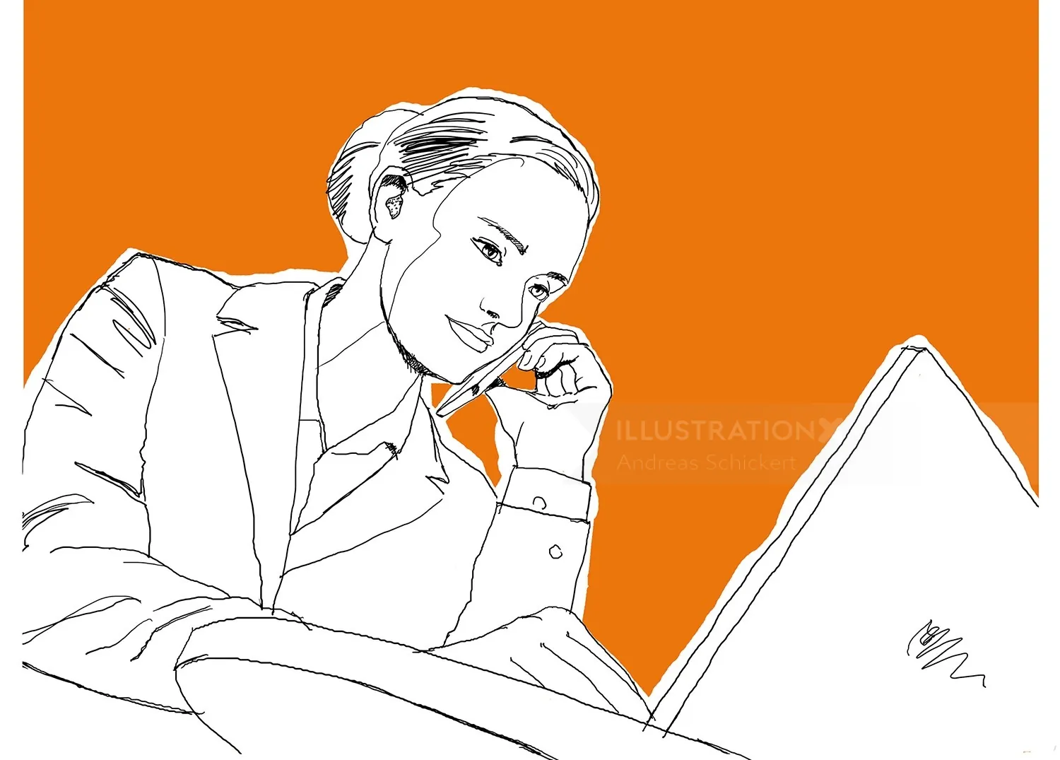 Line drawing of a woman working on a laptop by Andreas Schickert